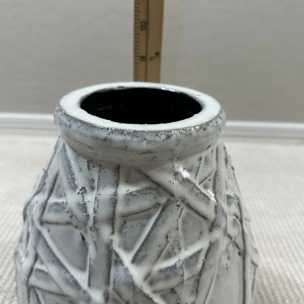 Modern Farmhouse Distressed White Geometric Ceramic Terracotta Vase 9 Inch